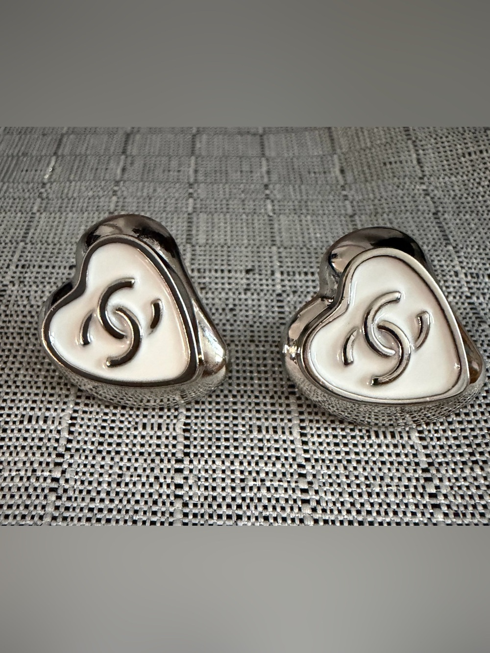 CHANEL White and Silver Heart Double C Accent Pair